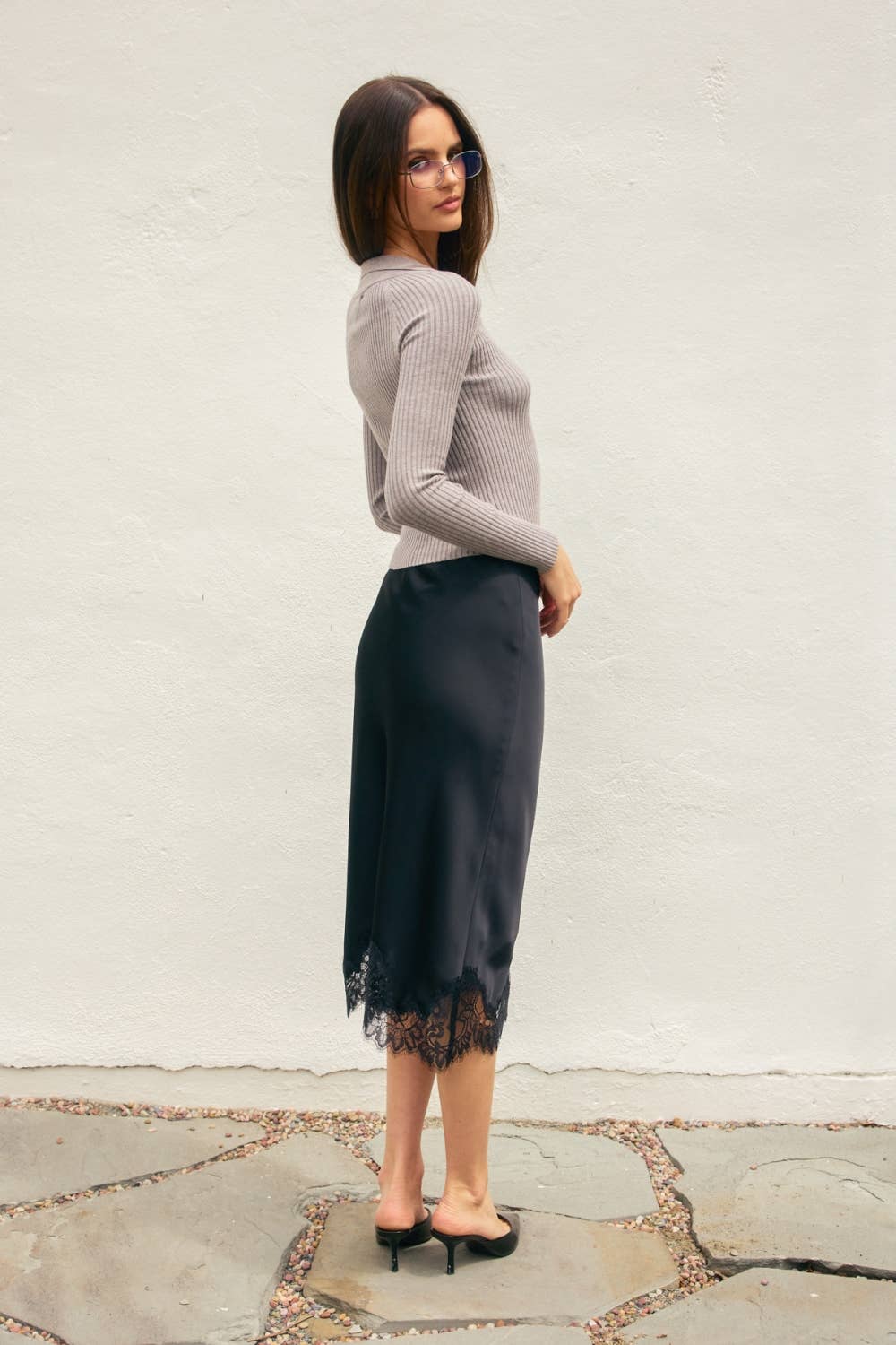 Satin Lace Hem Pencil Skirt