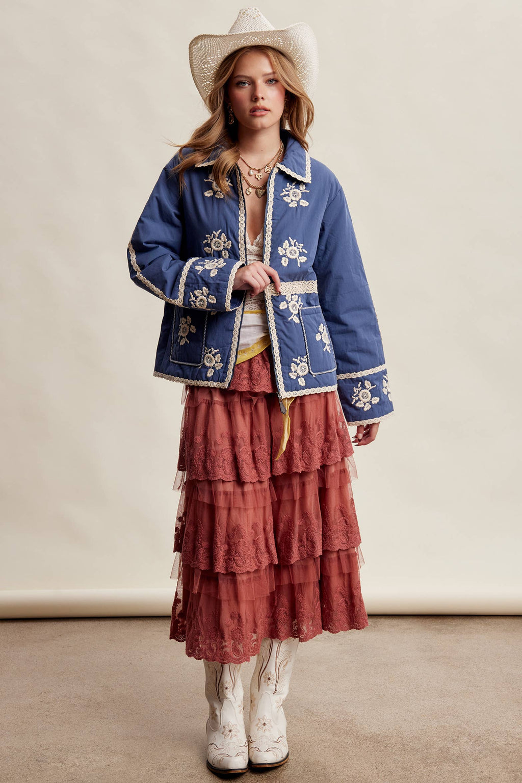 Embroidered Lace Trim Quilted Jacket