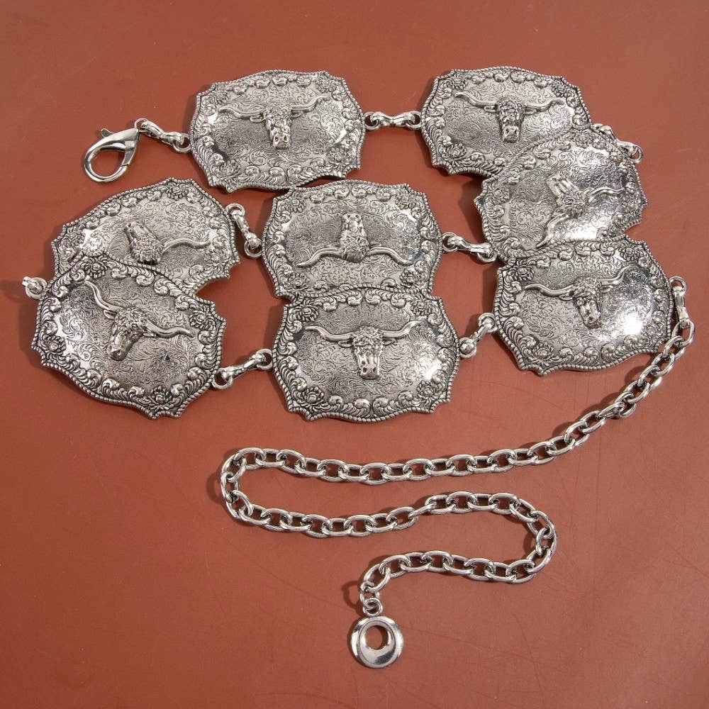 Western Longhorn Engraved Chain Belt