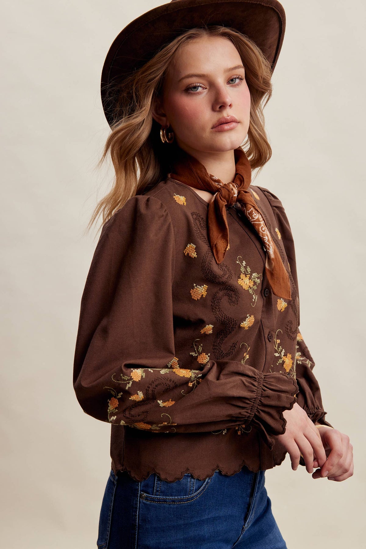 Embroidered Scallop Hem Cotton Blouse