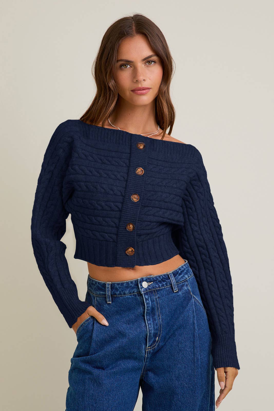 Off-Shoulder Button Sweater