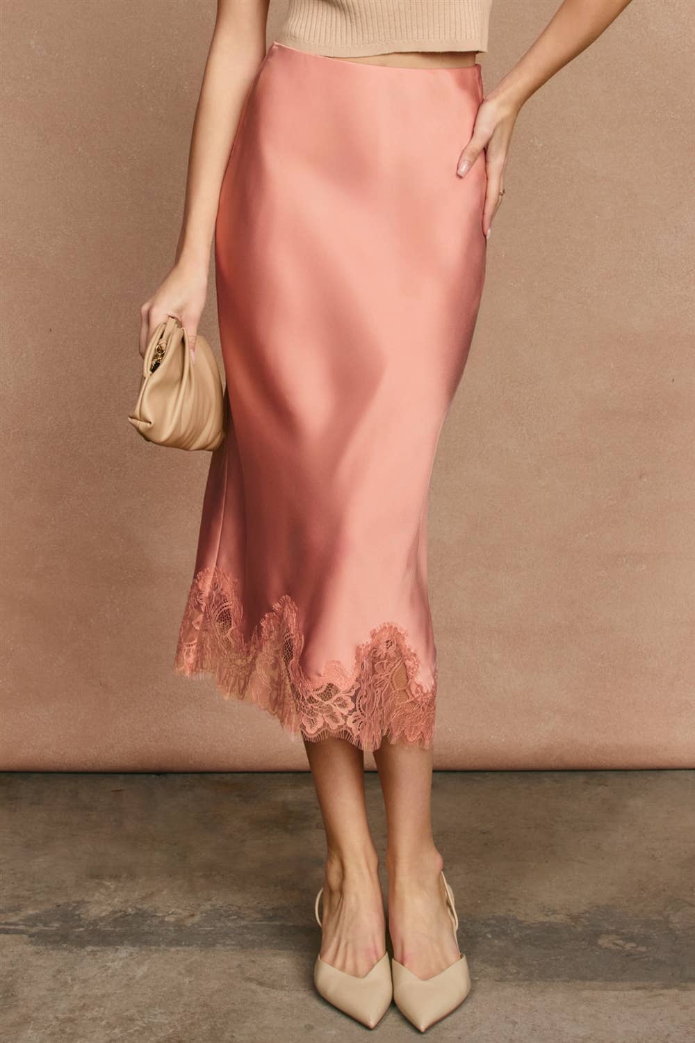 Satin Lace Hem Pencil Skirt