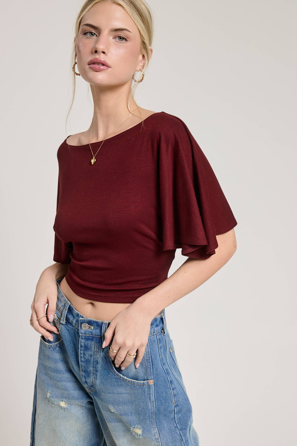 Batwing Short Sleeve Tie Back Knit Top