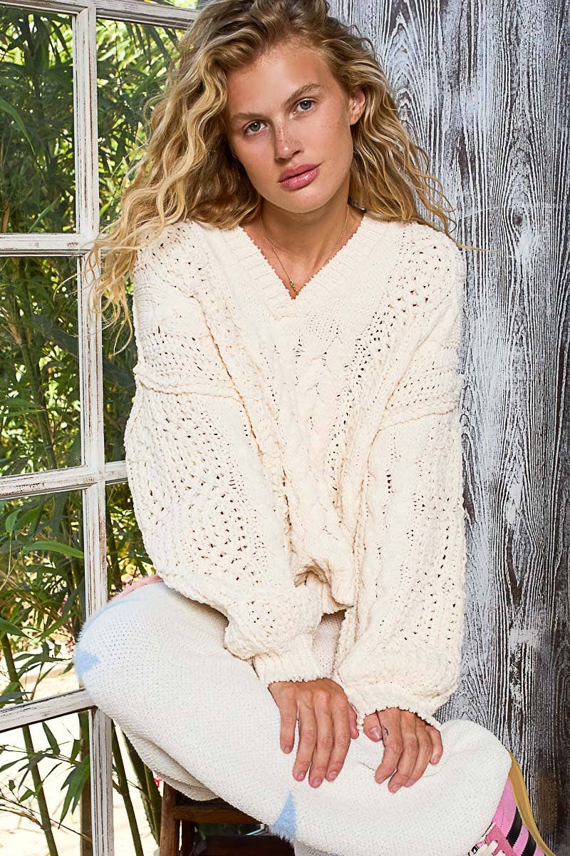 Cream V-neck Chenille Sweater