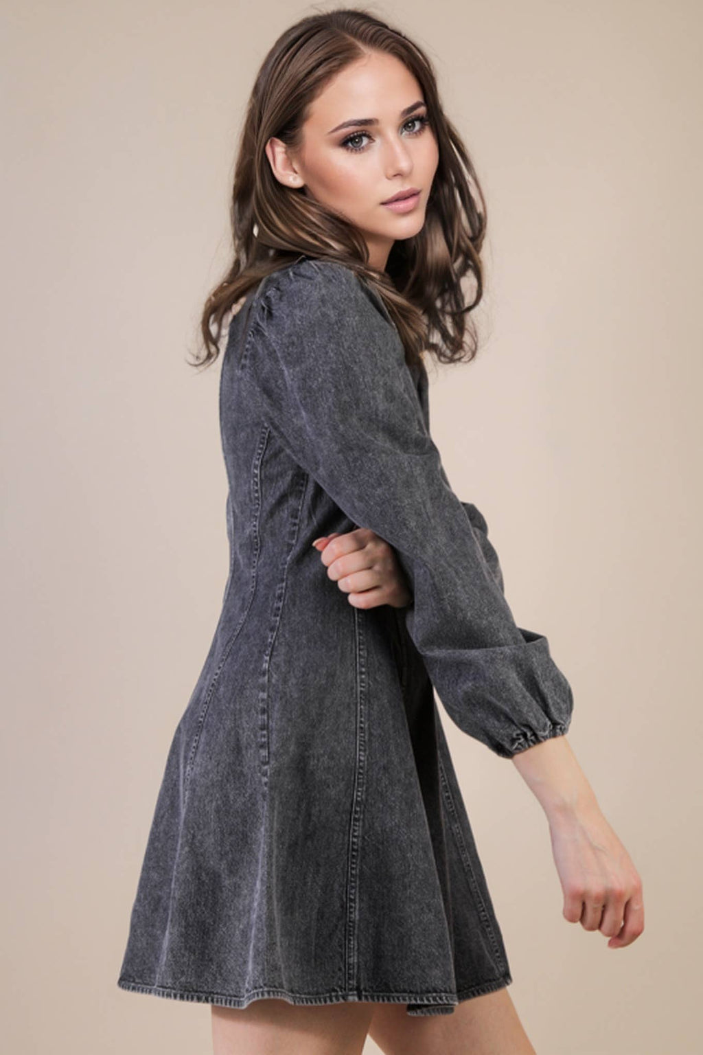 Mineral Washed Denim Seam Detail Mini Dress