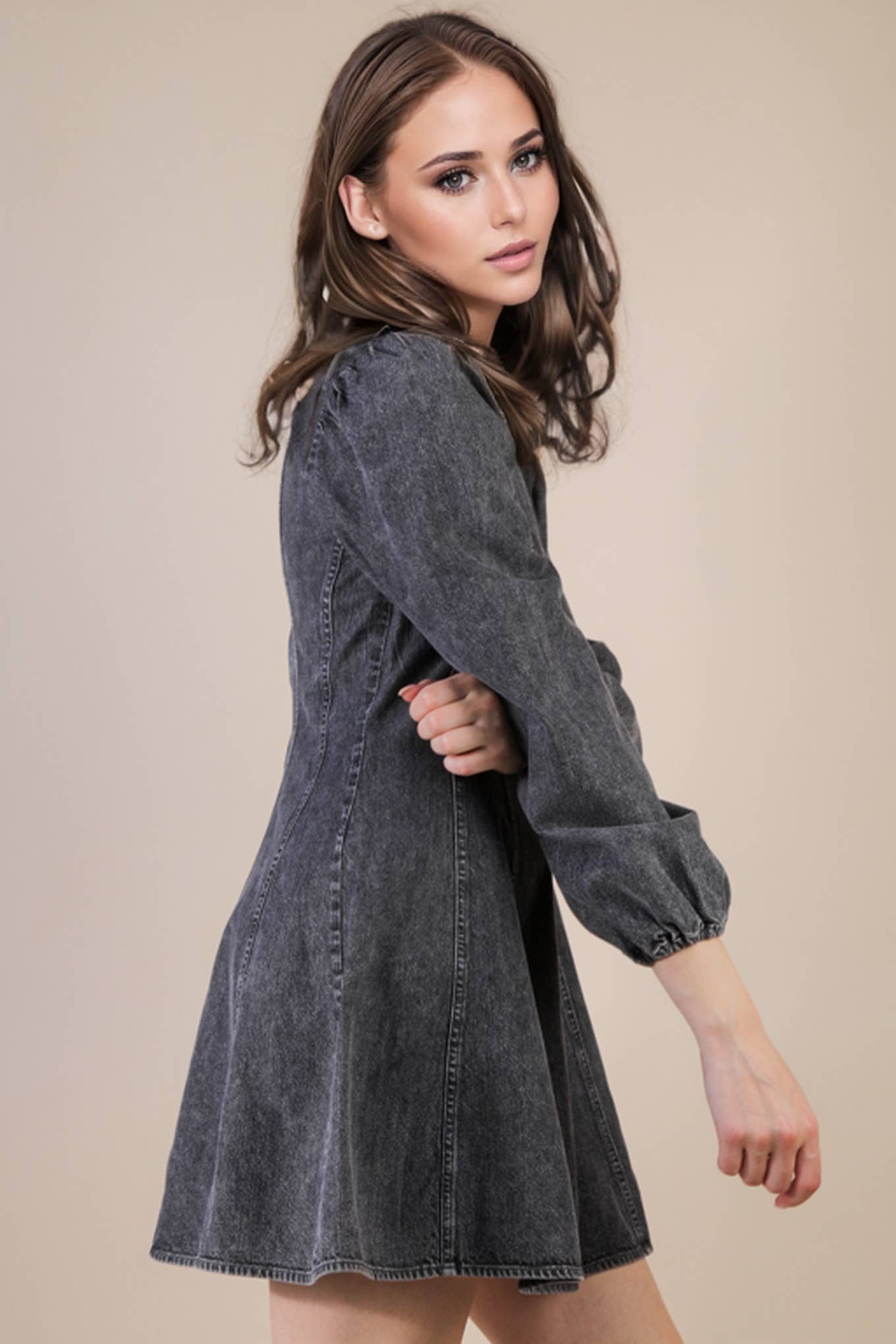 Mineral Washed Denim Seam Detail Mini Dress