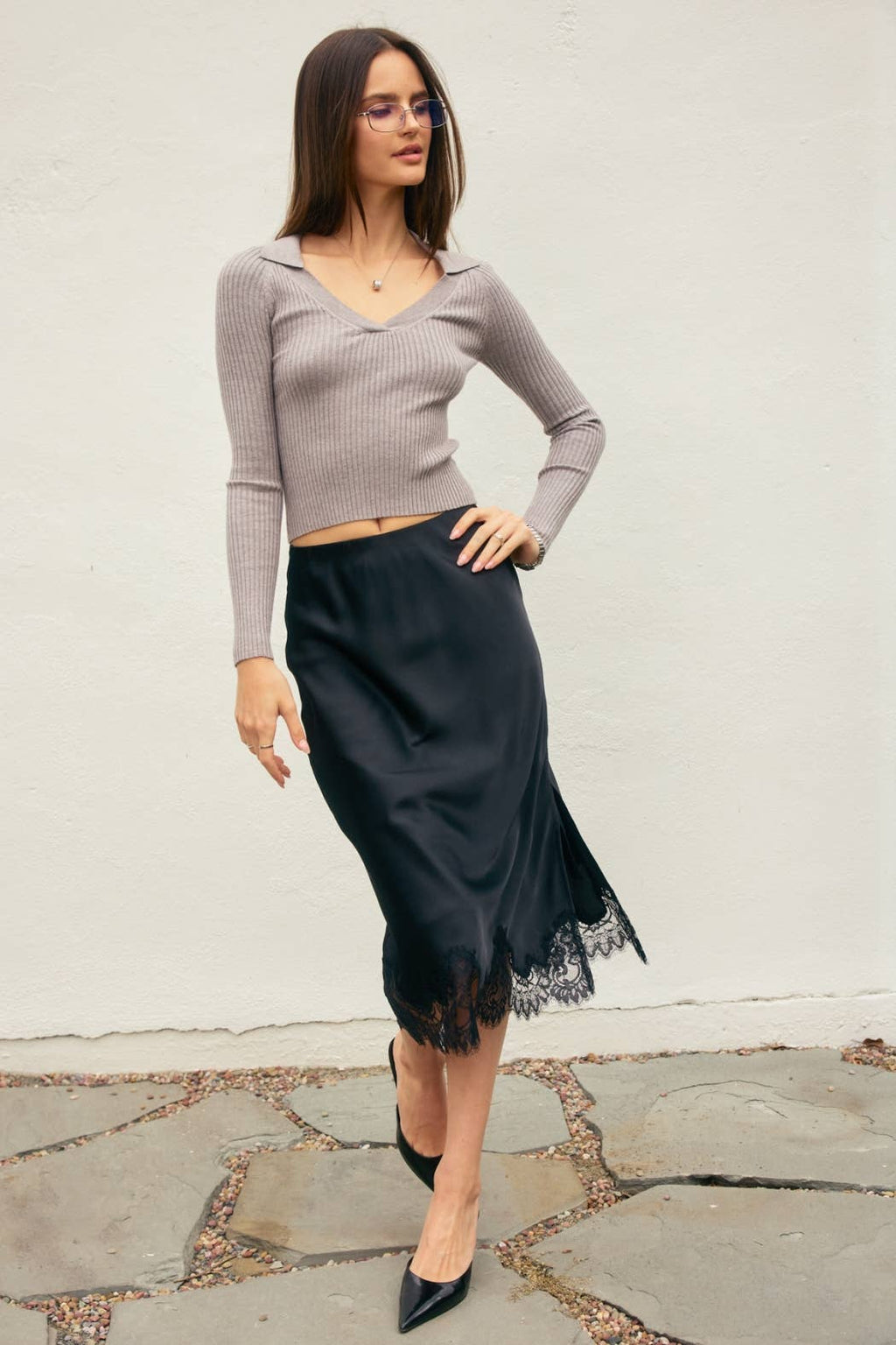 Satin Lace Hem Pencil Skirt