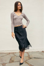Satin Lace Hem Pencil Skirt