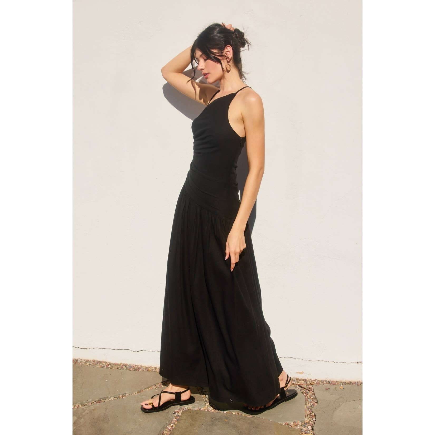 Linen Drop Waist Ruched Maxi Dress