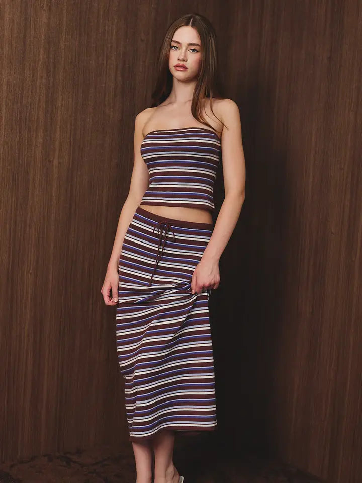 Mid Waisted Striped Sweater Midi Skirt