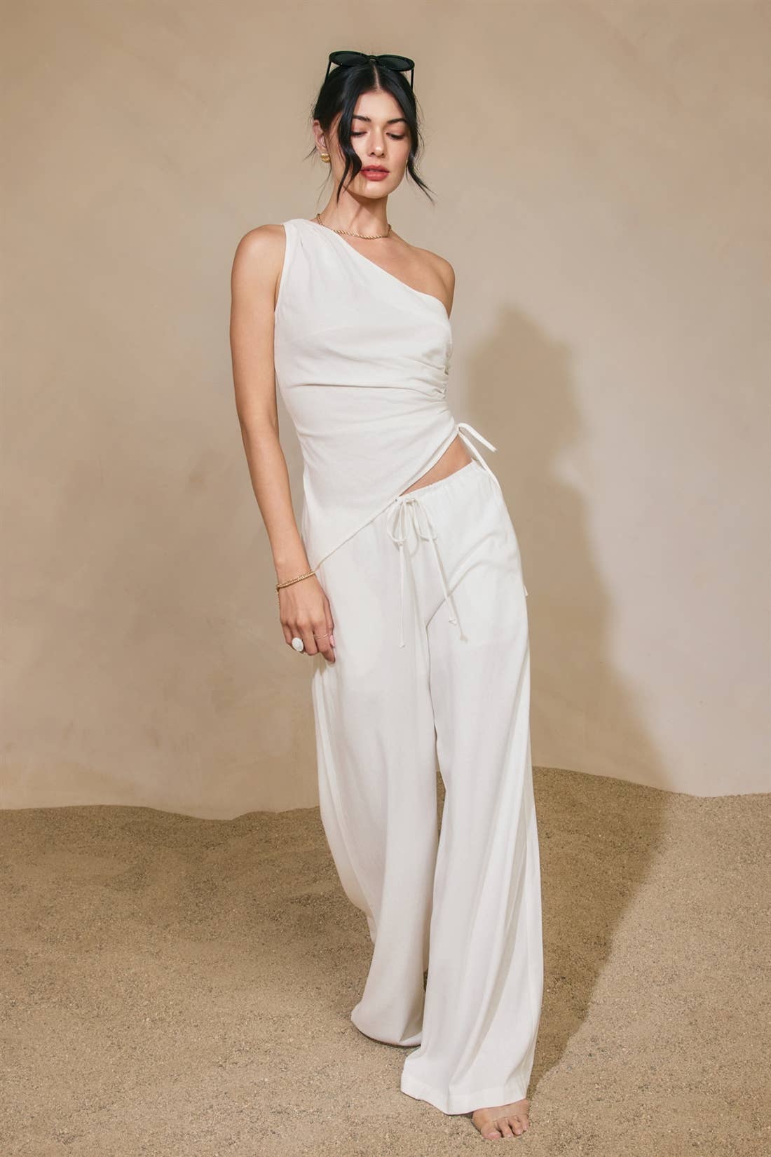 Linen One Shoulder Ruched Top