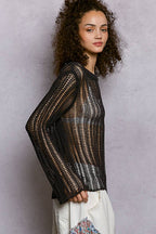 Round Neck Open-Knit Long Sleeve Sheer Sweater Top