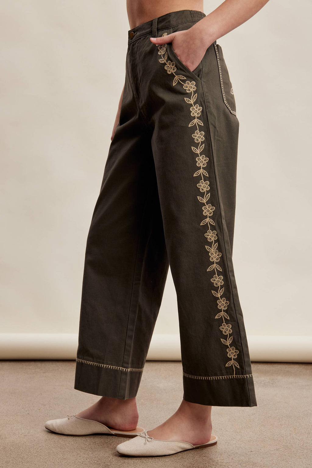 Floral Embroidered Cropped Wide-Leg Pants