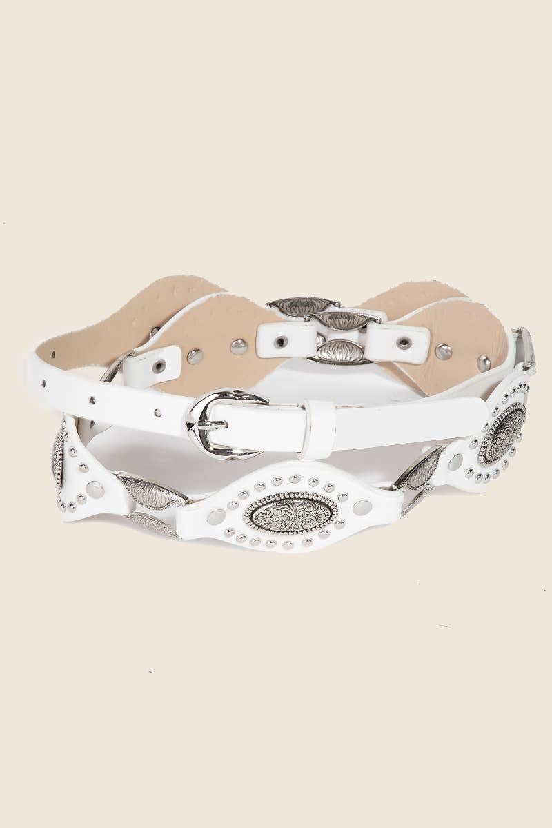 Faux Leather Oval And Concho Chain Belt