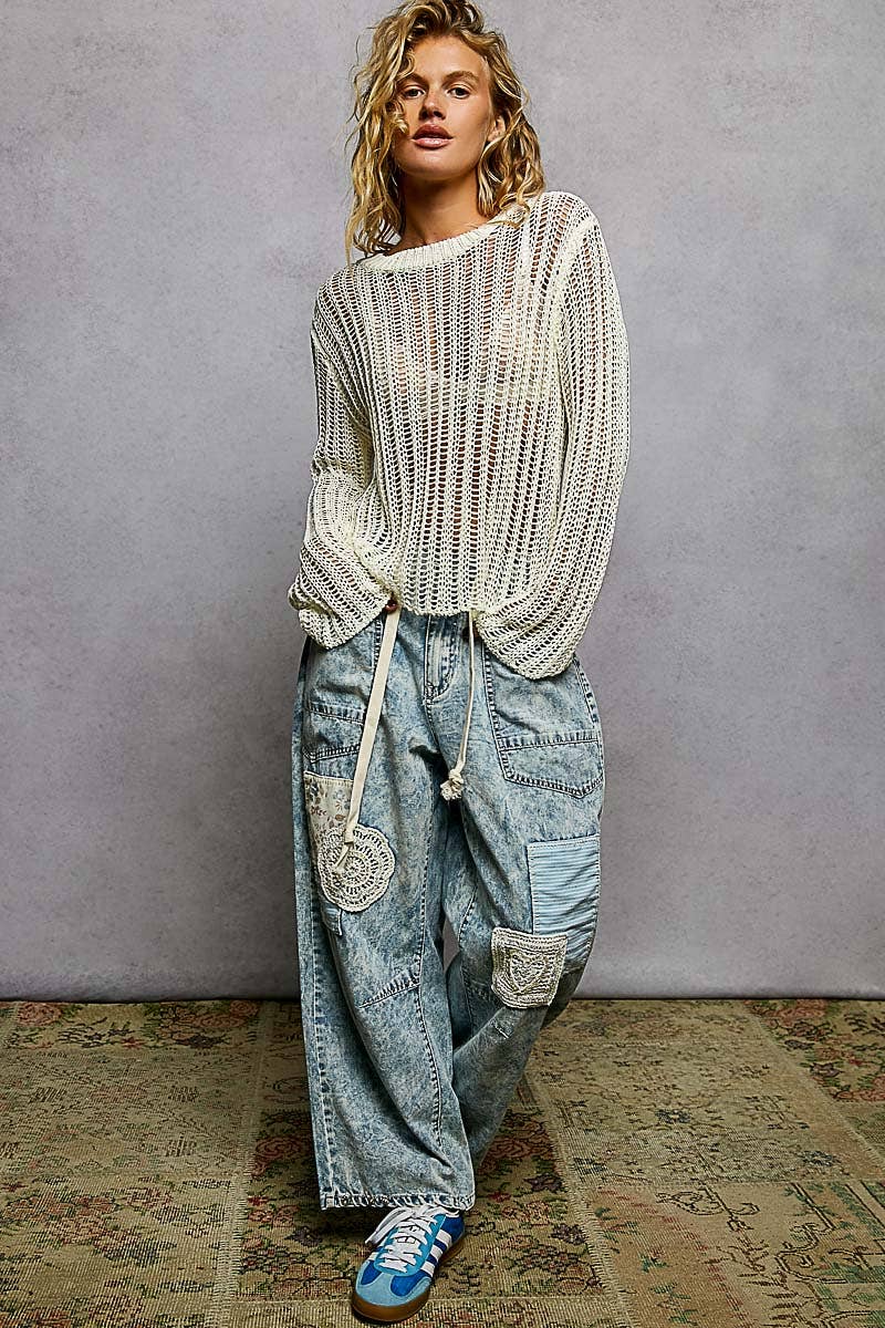 Round Neck Open-Knit Long Sleeve Sheer Sweater Top