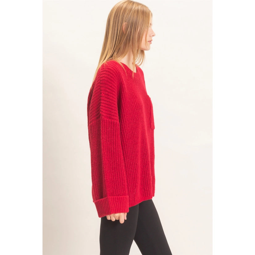 Ribbed Knit Patch Pocket Sweater