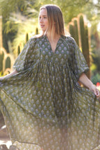 Mylah Midi Dress Block Printed Olive Cotton
