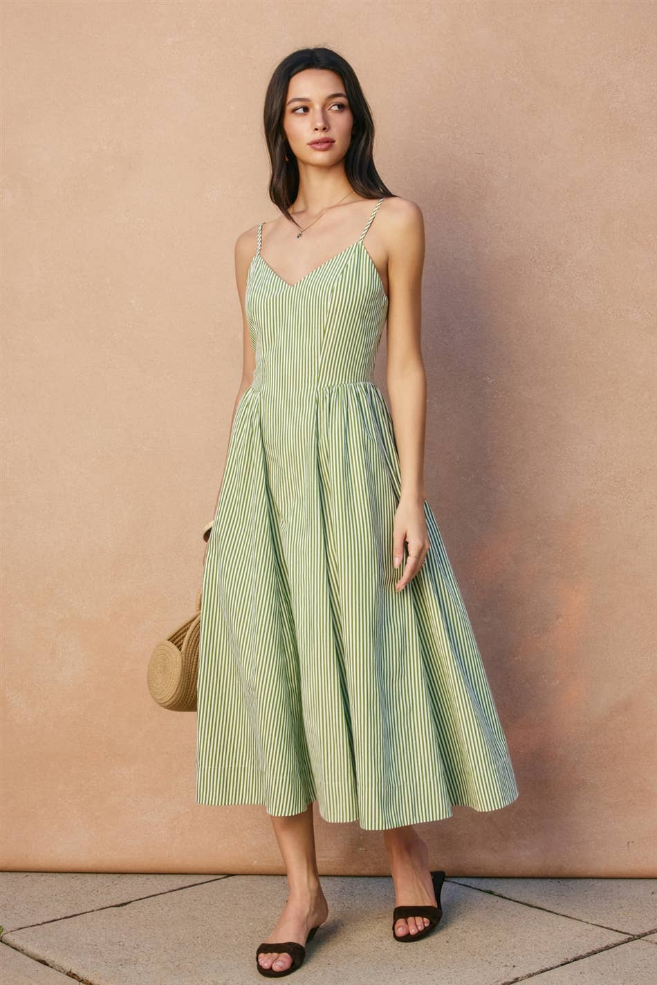 Stripe Gathered Hip Midi Dress