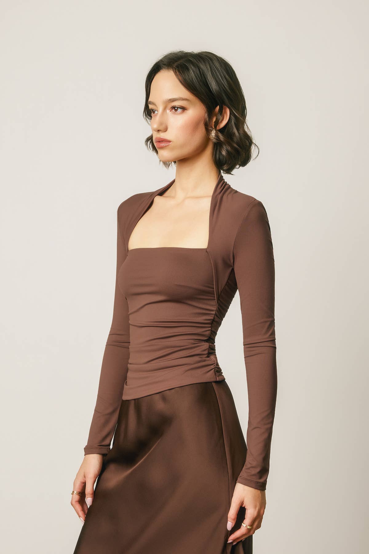 Queen Anne Ruched Long Sleeve Top
