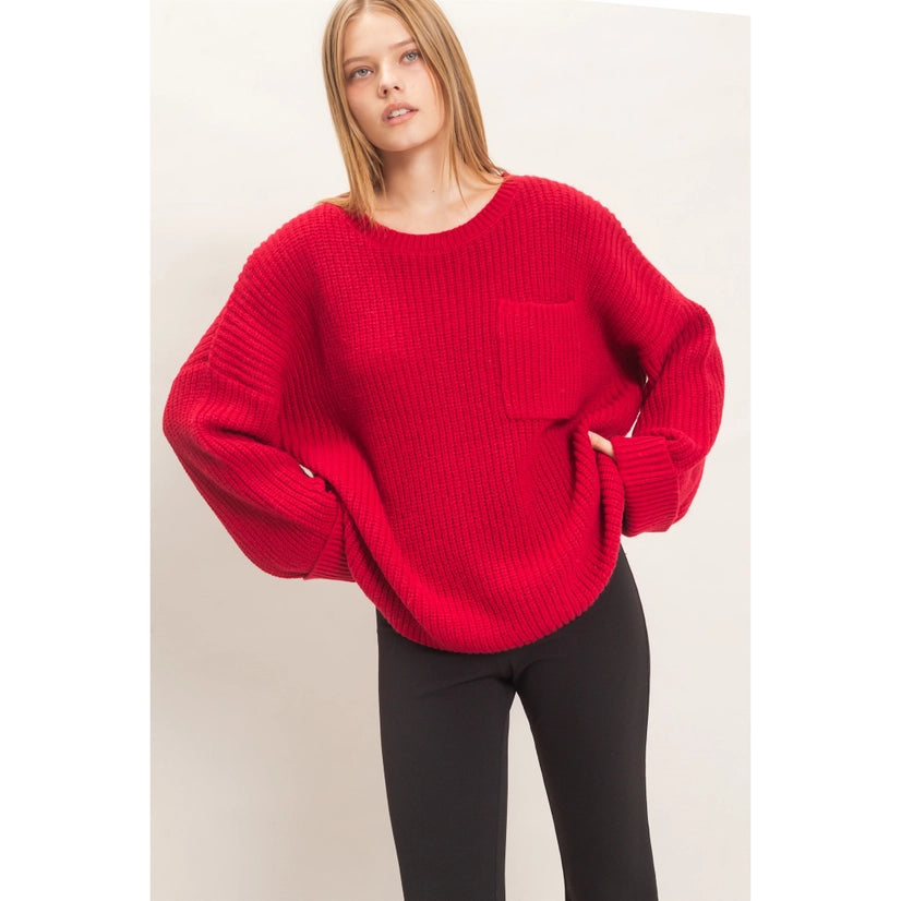 Ribbed Knit Patch Pocket Sweater