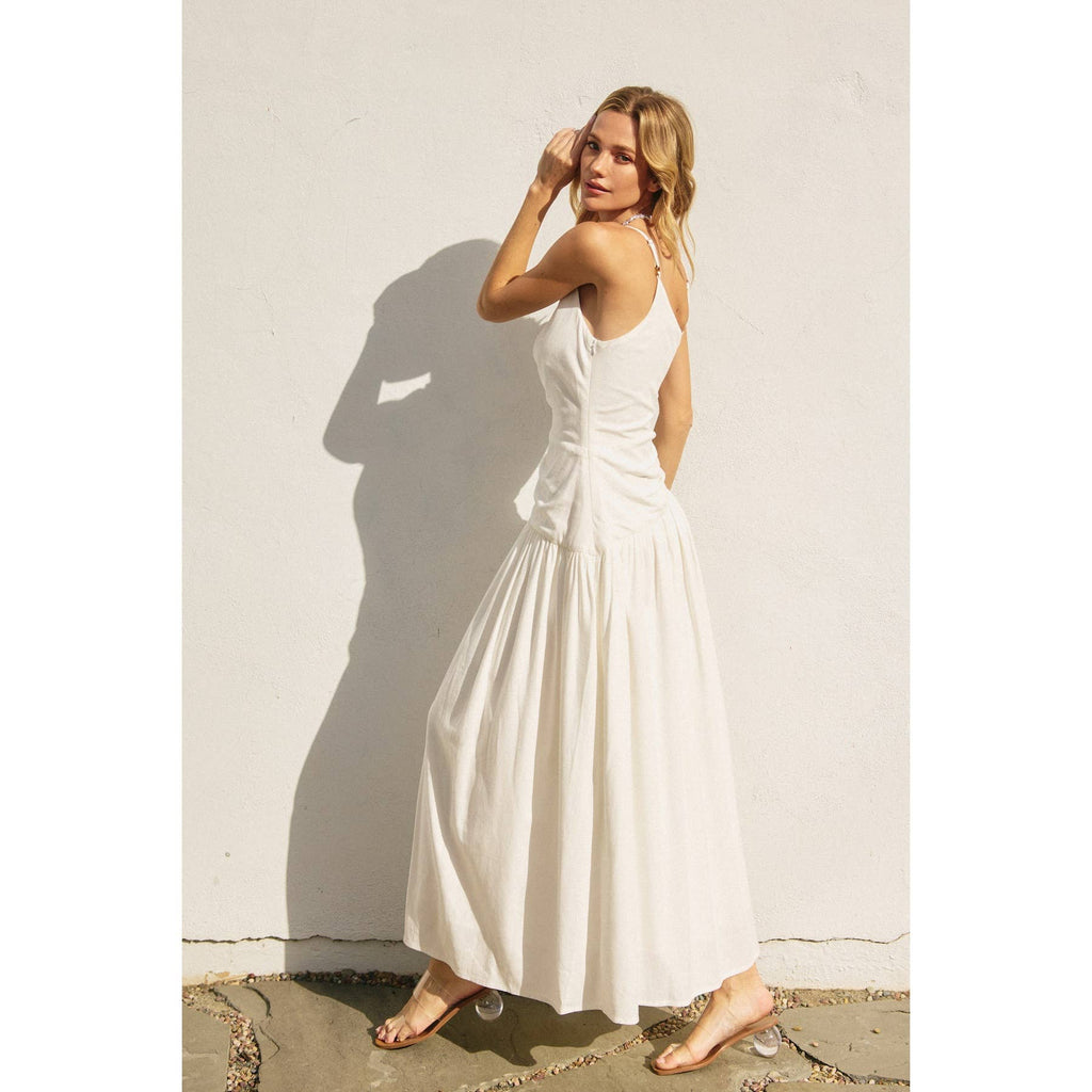 Linen Drop Waist Ruched Maxi Dress
