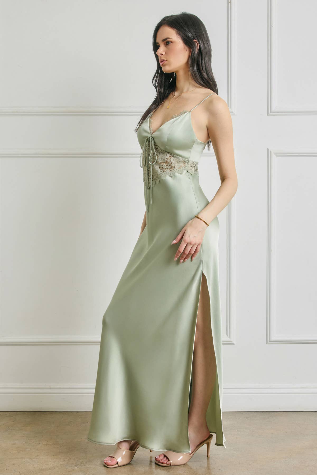 Satin Lace Detail Maxi Dress