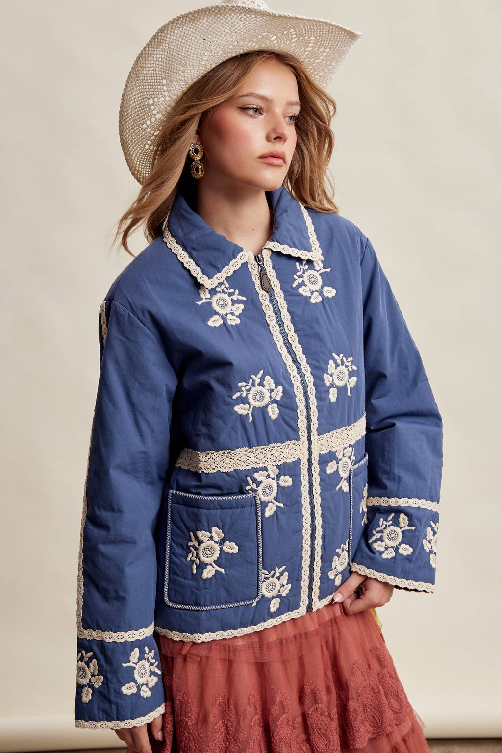 Embroidered Lace Trim Quilted Jacket