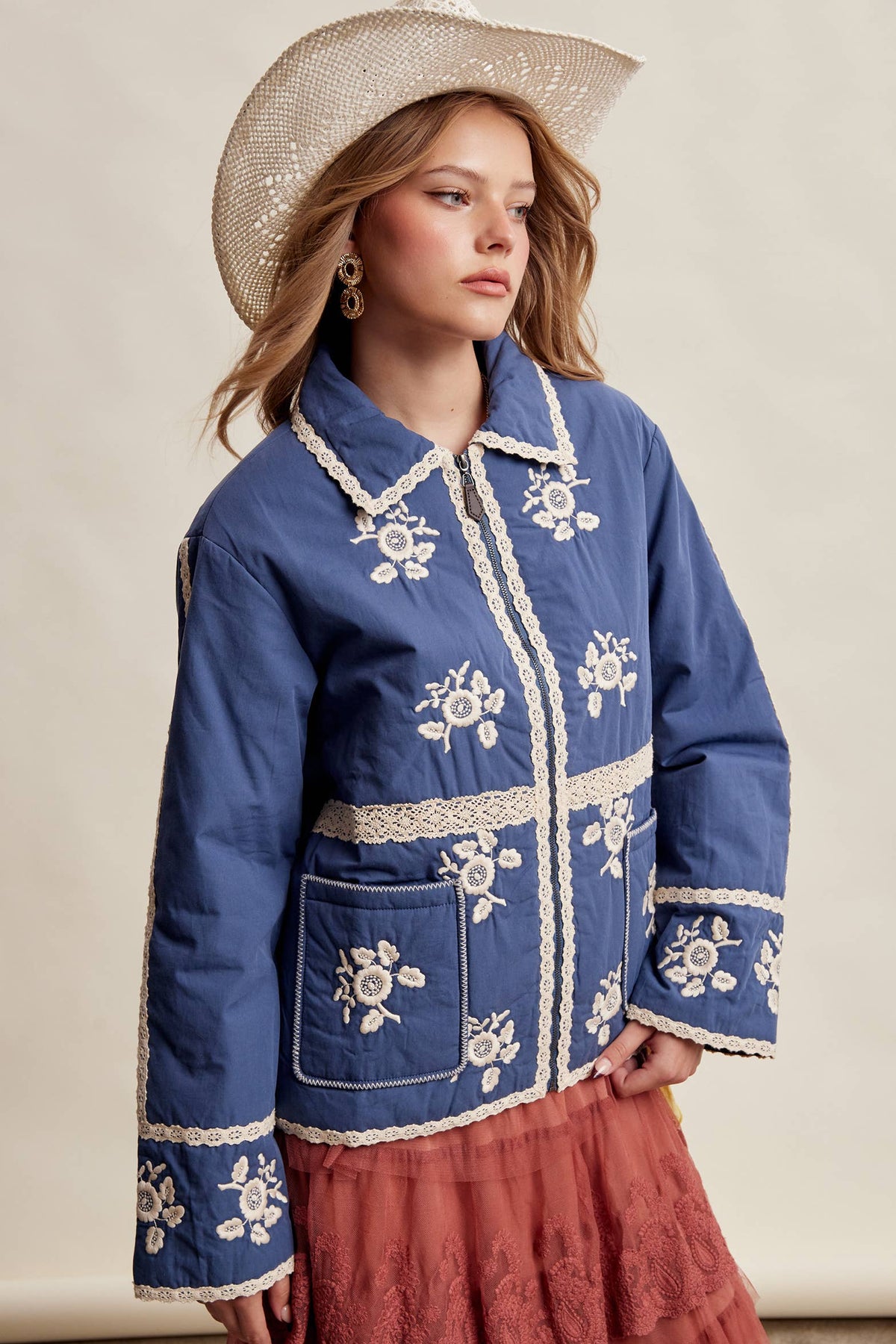 Embroidered Lace Trim Quilted Jacket