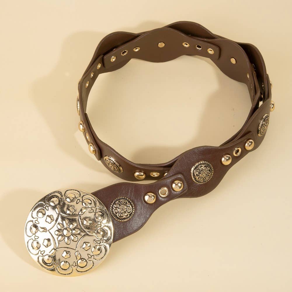 Ornate Concho Disc Buckle Vegan Leather Belt