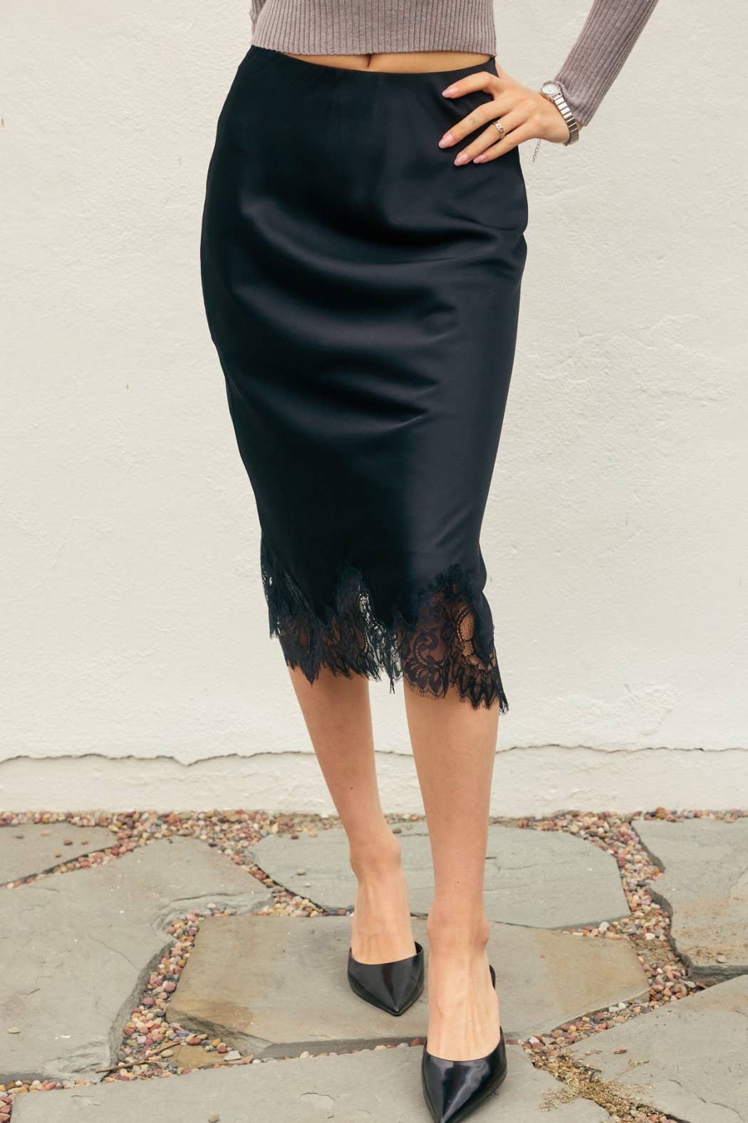 Satin Lace Hem Pencil Skirt