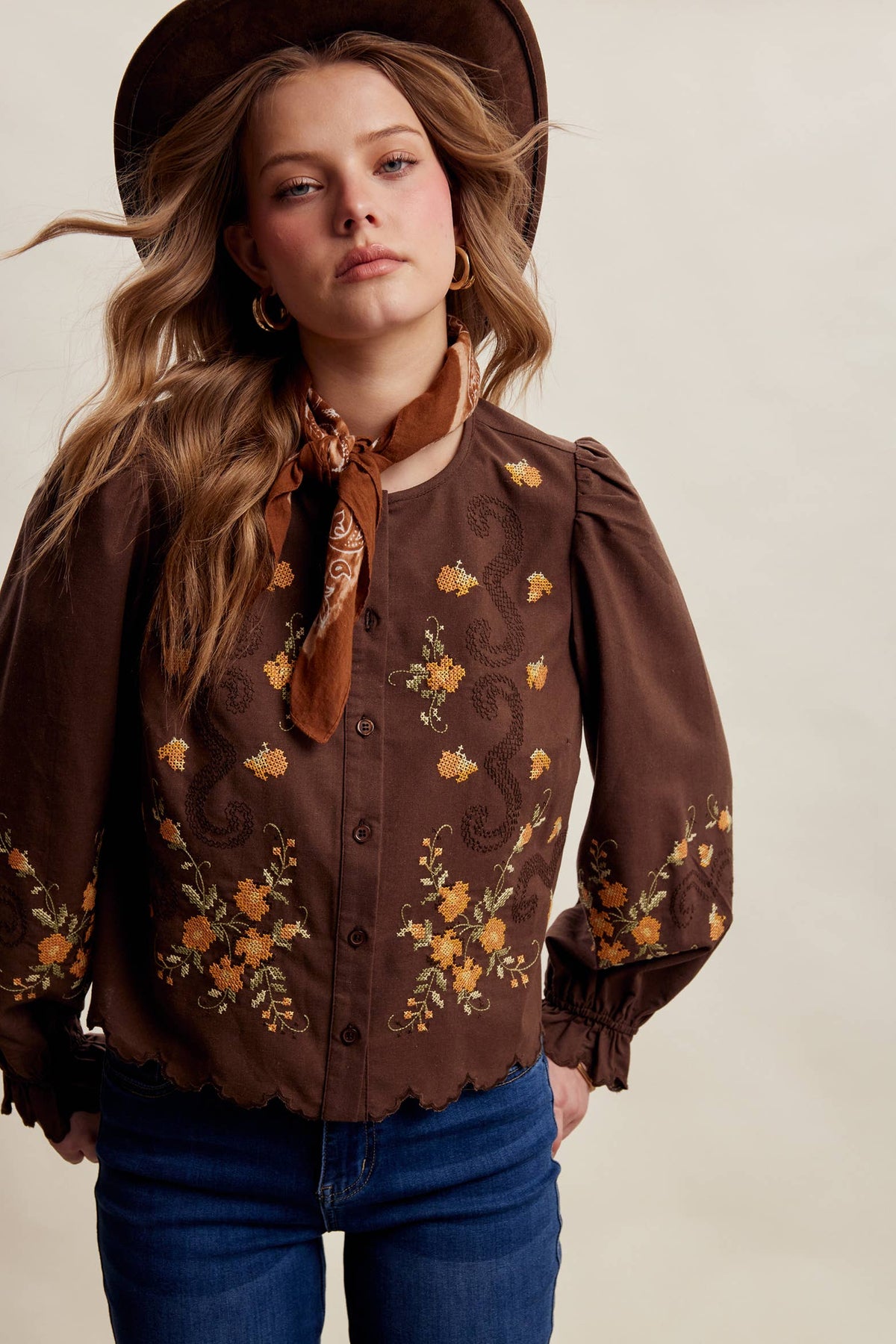Embroidered Scallop Hem Cotton Blouse