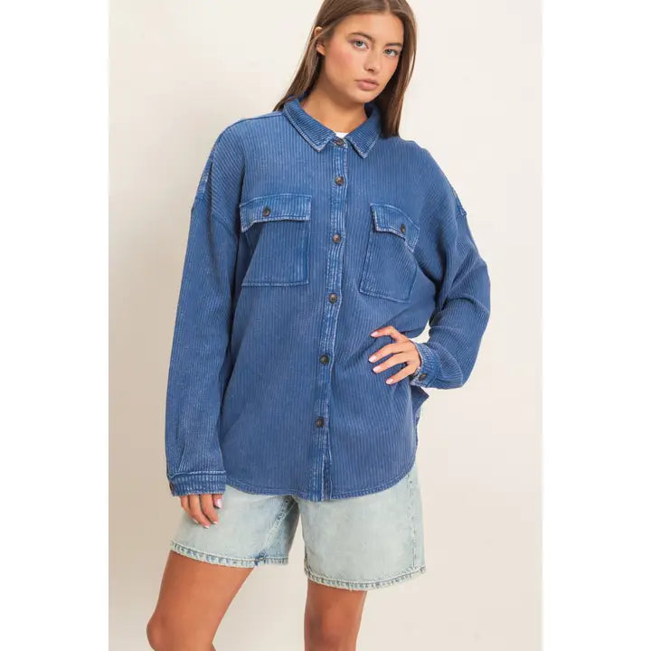 Mineral Wash Waffle Knit Button-Up Shacket