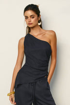 Linen One Shoulder Ruched Top