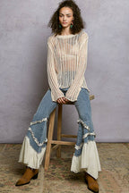 Round Neck Open-Knit Long Sleeve Sheer Sweater Top