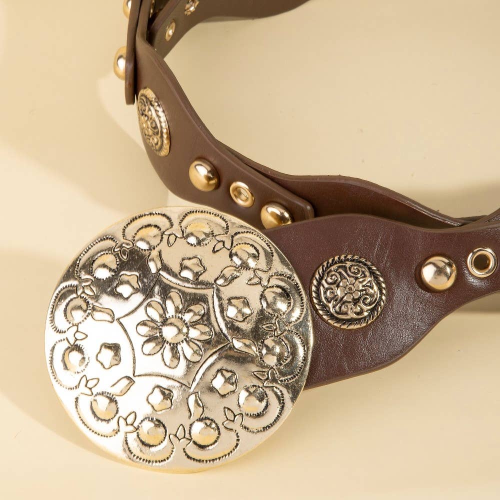 Ornate Concho Disc Buckle Vegan Leather Belt