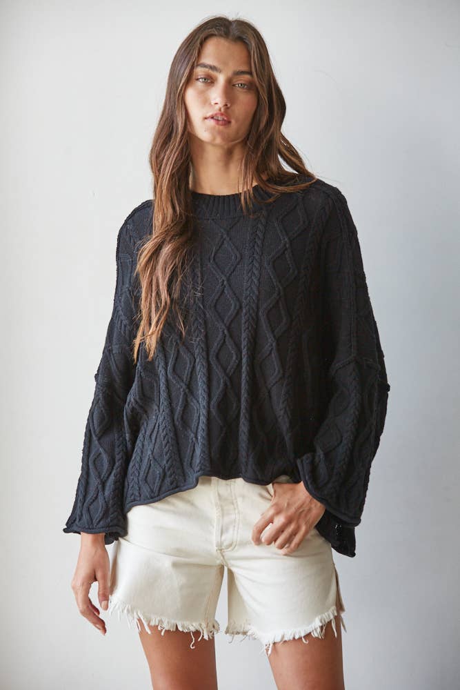 Knit Cable Sweater Cotton 3/4 Sleeve Pullover