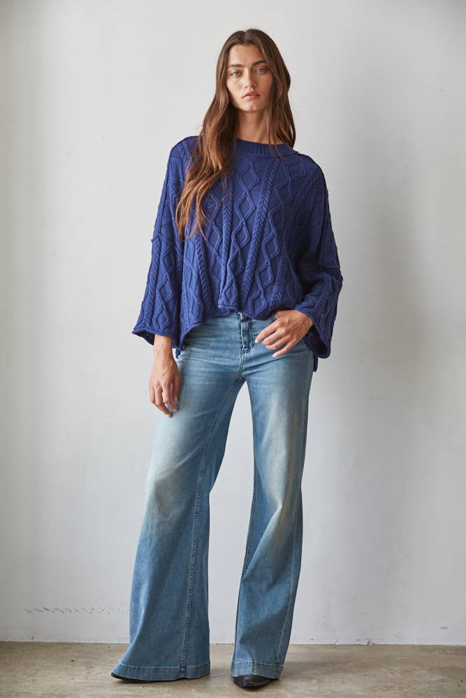 Knit Cable Sweater Cotton 3/4 Sleeve Pullover