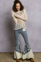 Round Neck Open-Knit Long Sleeve Sheer Sweater Top