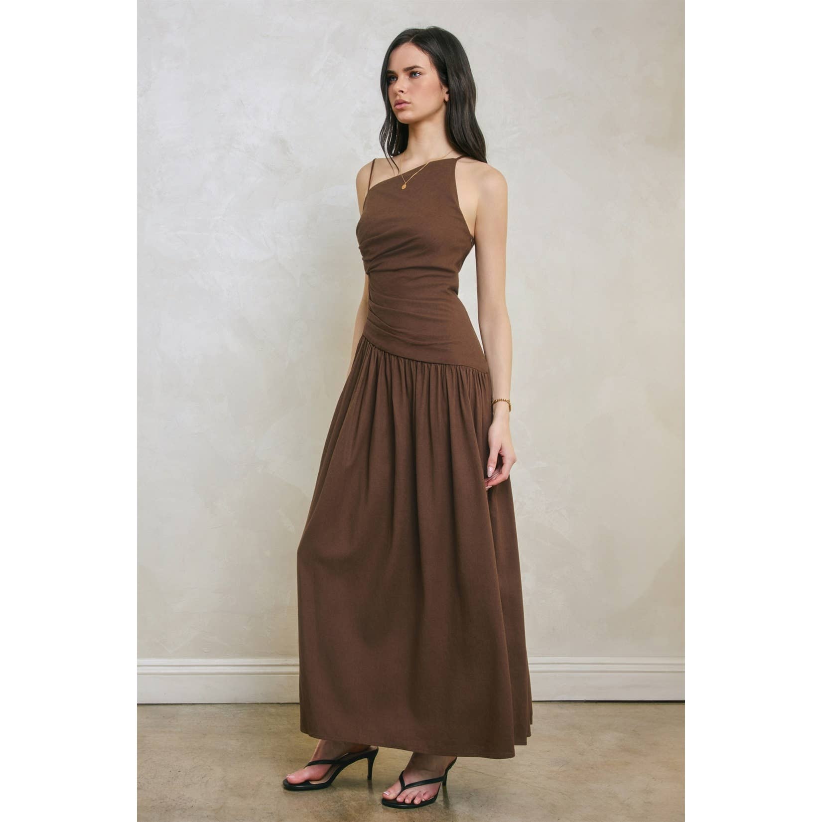 Linen Drop Waist Ruched Maxi Dress