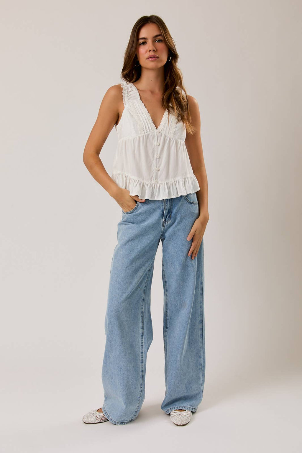 V-Neck Top with Lace Trim