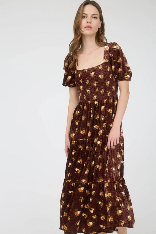 Floral Velvet Puff Sleeve Midi Dress