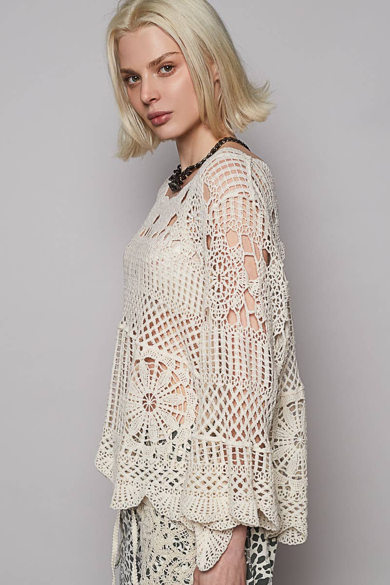 Round Neck Long Sleeve Crochet Top