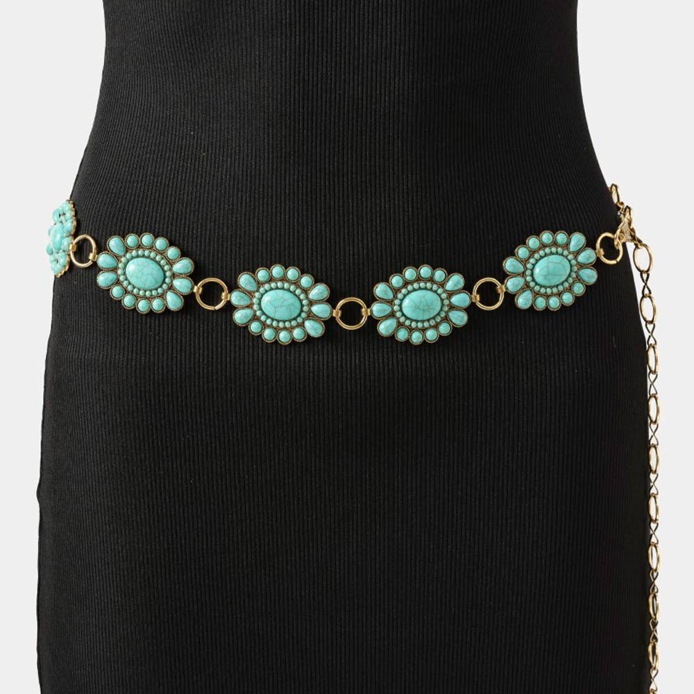 Western Turquoise Stone Bead Concho Disc Chain Belt