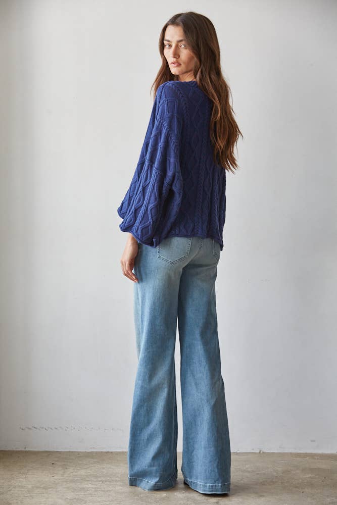 Knit Cable Sweater Cotton 3/4 Sleeve Pullover