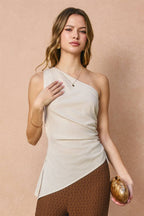 Linen One Shoulder Ruched Top