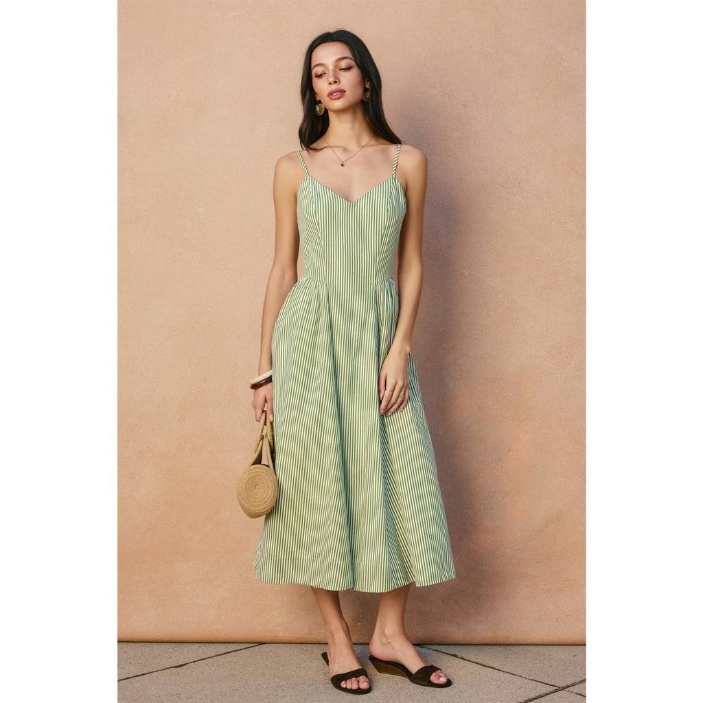 Stripe Gathered Hip Midi Dress