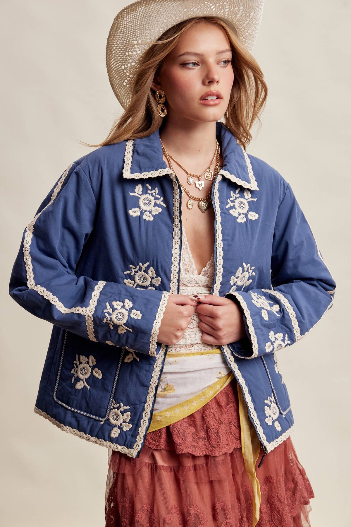 Embroidered Lace Trim Quilted Jacket