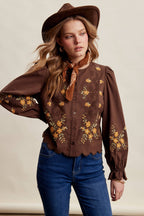 Embroidered Scallop Hem Cotton Blouse
