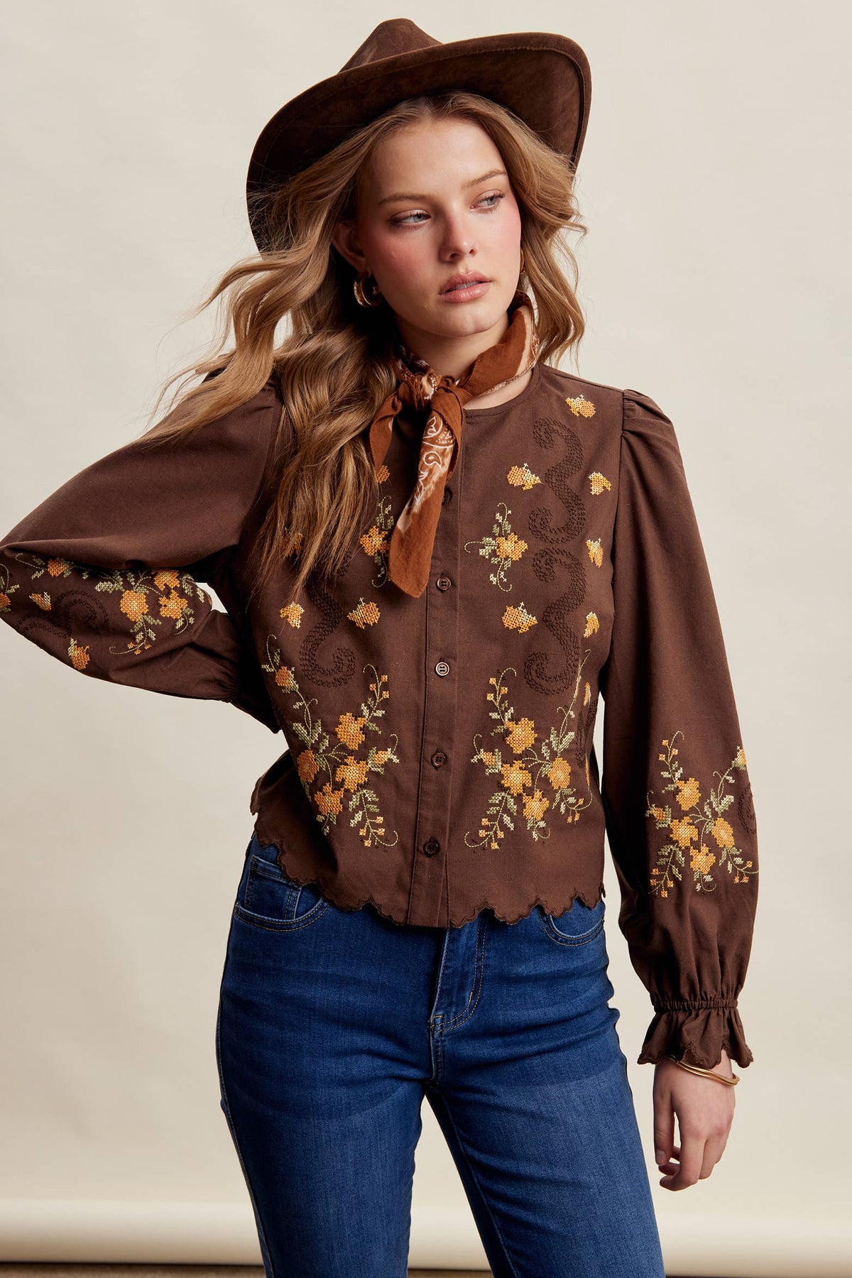 Embroidered Scallop Hem Cotton Blouse