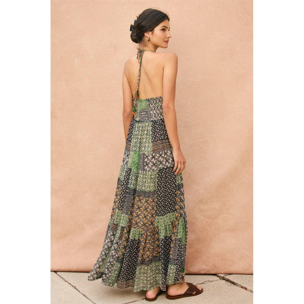 Bohemian Patchwork Halter Open Back Maxi Dress